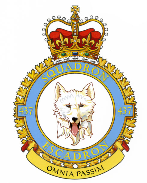 437 Transport Squadron’s badge portrays the head of a husky dog. Its motto is “Omnia Passim”—“Anything, Anywhere”. The squadron is currently located at 8 Wing Trenton, and flies the CC-150 Polaris transport aircraft—fulfilling the same role it carried out during the Second World War. IMAGE: DND