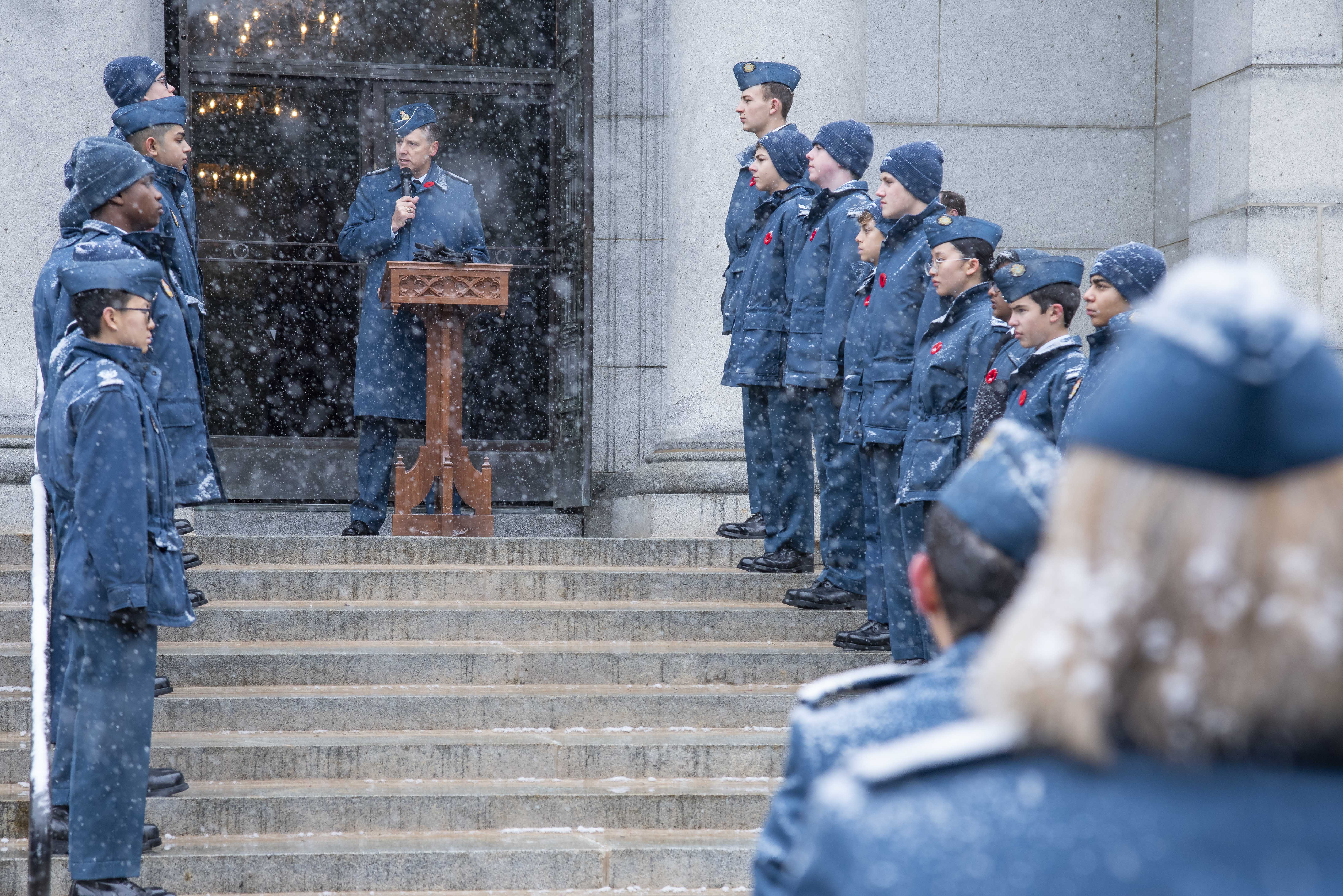 Lieutenant General Al Meinzinger, commander of the Royal Canadian Air Force, speaks during the 2019 Remembrance Day ceremony held at the mausoleum where Wing Commander William Barker, VC, is interred in Mount Pleasant Cemetery, Toronto. Royal Canadian Air Cadets line the steps leading up to the mausoleum. PHOTO: Corporal Lynette Ai Dang, BM10-2019-0359-016