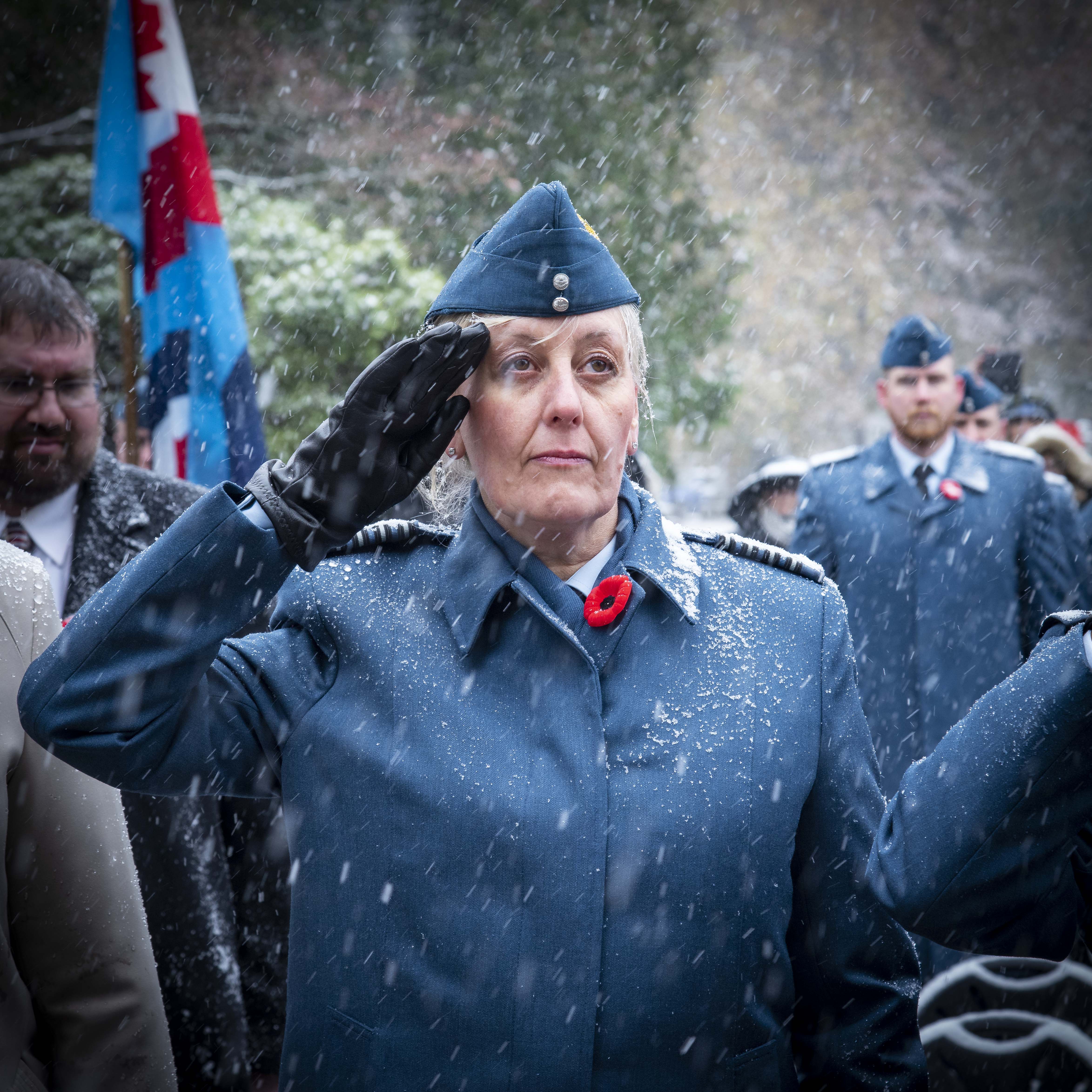 16 Wing’s Honorary Colonel Renee van Kessel salutes during the 2019 Remembrance Day ceremony held at the mausoleum where Wing Commander William Barker, VC, is interred in Mount Pleasant Cemetery, Toronto. PHOTO: Corporal Lynette Ai Dang, BM10-2019-0359-024
