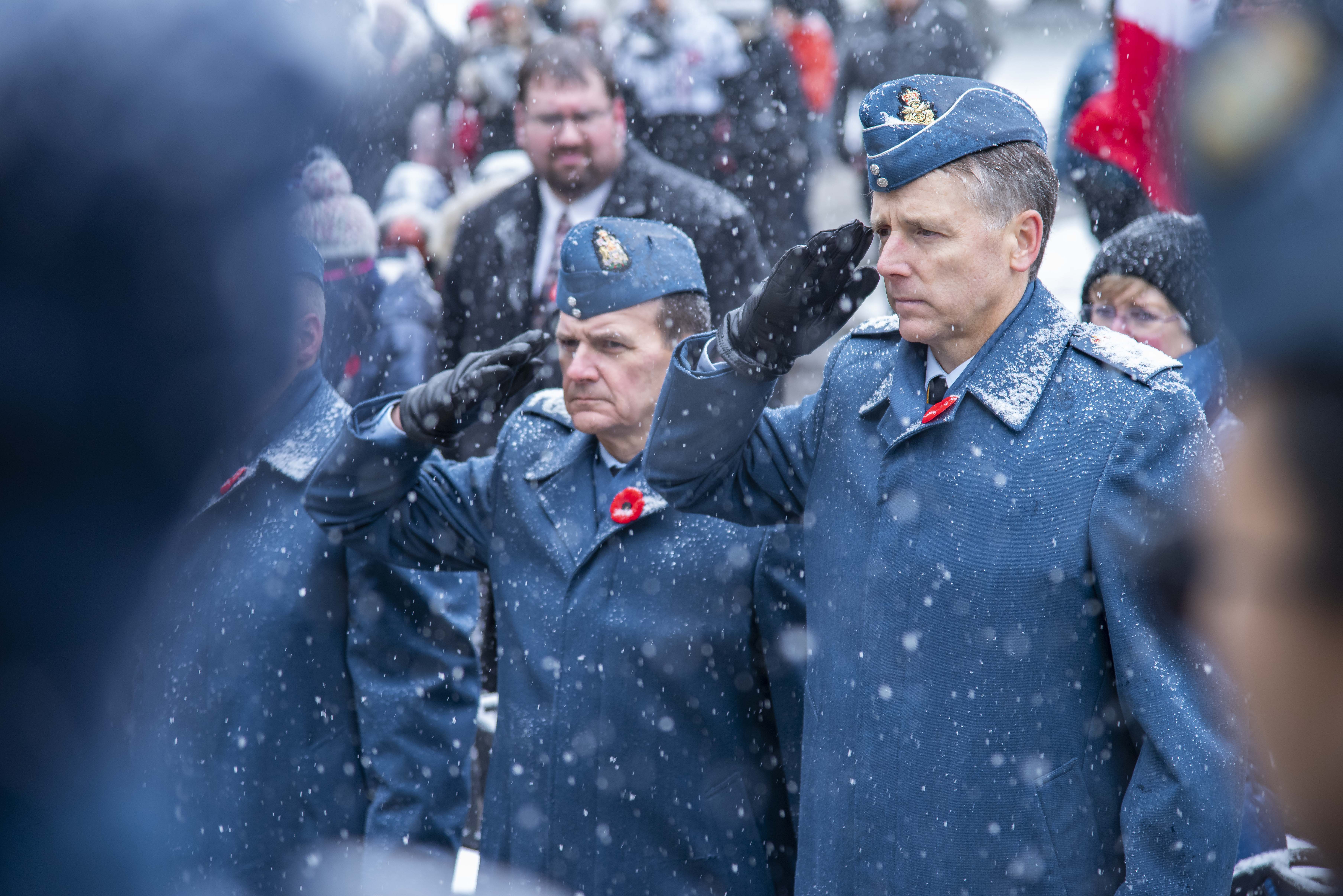 Chief Warrant Officer Denis Gaudreault (left), command chief warrant officer of the RCAF, and Lieutenant-General Al Meinzinger, commander of the RCAF, salute during the 2019 Remembrance Day ceremony held at the mausoleum where Wing Commander William Barker, VC, is interred in Mount Pleasant Cemetery, Toronto. PHOTO: Corporal Lynette Ai Dang, BM10-2019-0359-028
