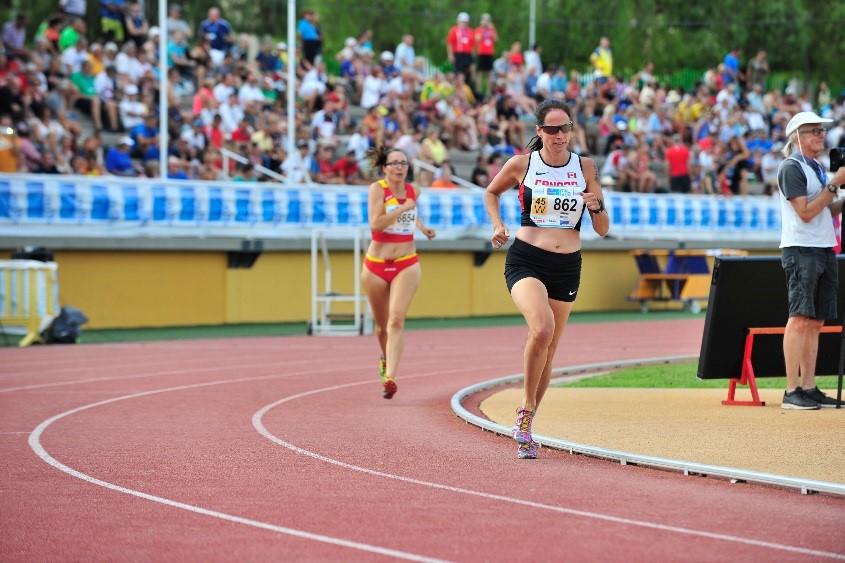 Wearing Bib 862, Hazel Harding, the author’s wife, competes in the 800m Prelims at the 2018 World Masters Athletics Championships, in Malaga, Spain. PHOTO: Submitted