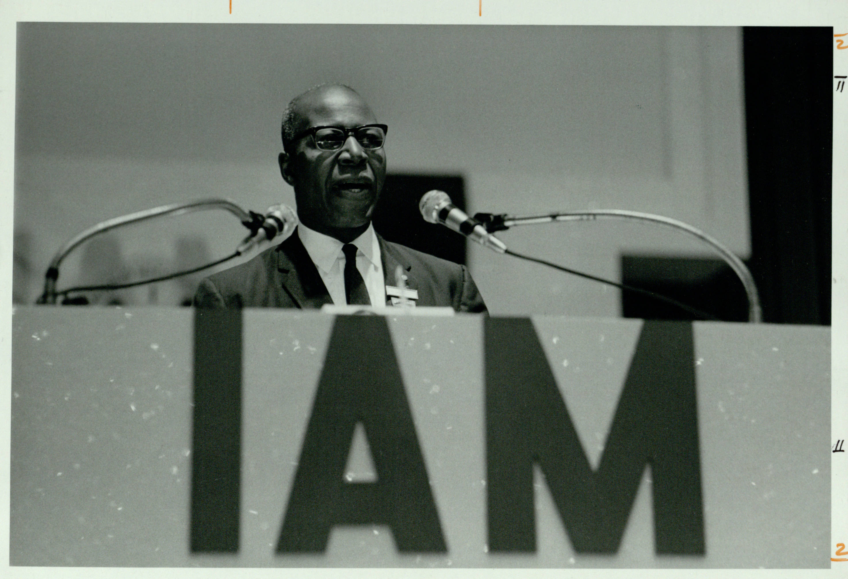 Henry Langdon, Recording Secretary and Secretary of Workers Education Committee, speaks to members of Local Lodge 1751 of the International Association of Machinists and Aerospace Workers in 1968 in Montreal, Quebec. PHOTO: L1985-13_018_019_021, International Association of Machinists and Aerospace Workers Photograph Collection, Southern Labor Archives. Special Collections and Archives, Georgia State University