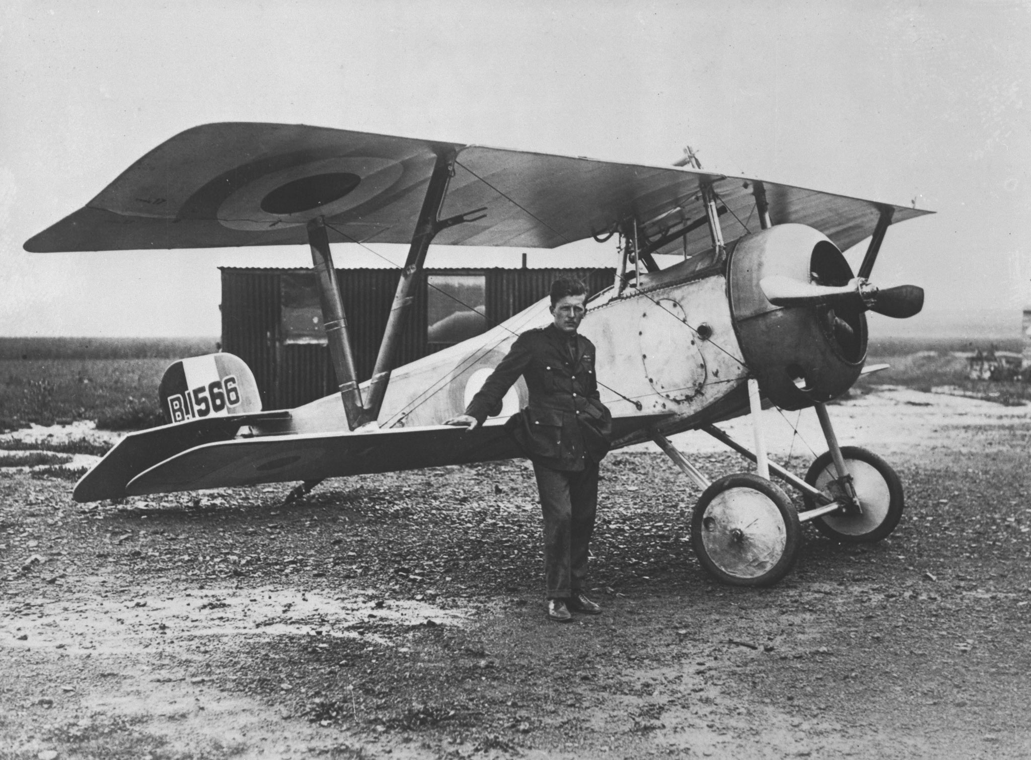Captain William A. Bishop stands beside his Nieuport Scout, which he flew while with No. 60 Squadron, on August 6, 1917. PHOTO: DND