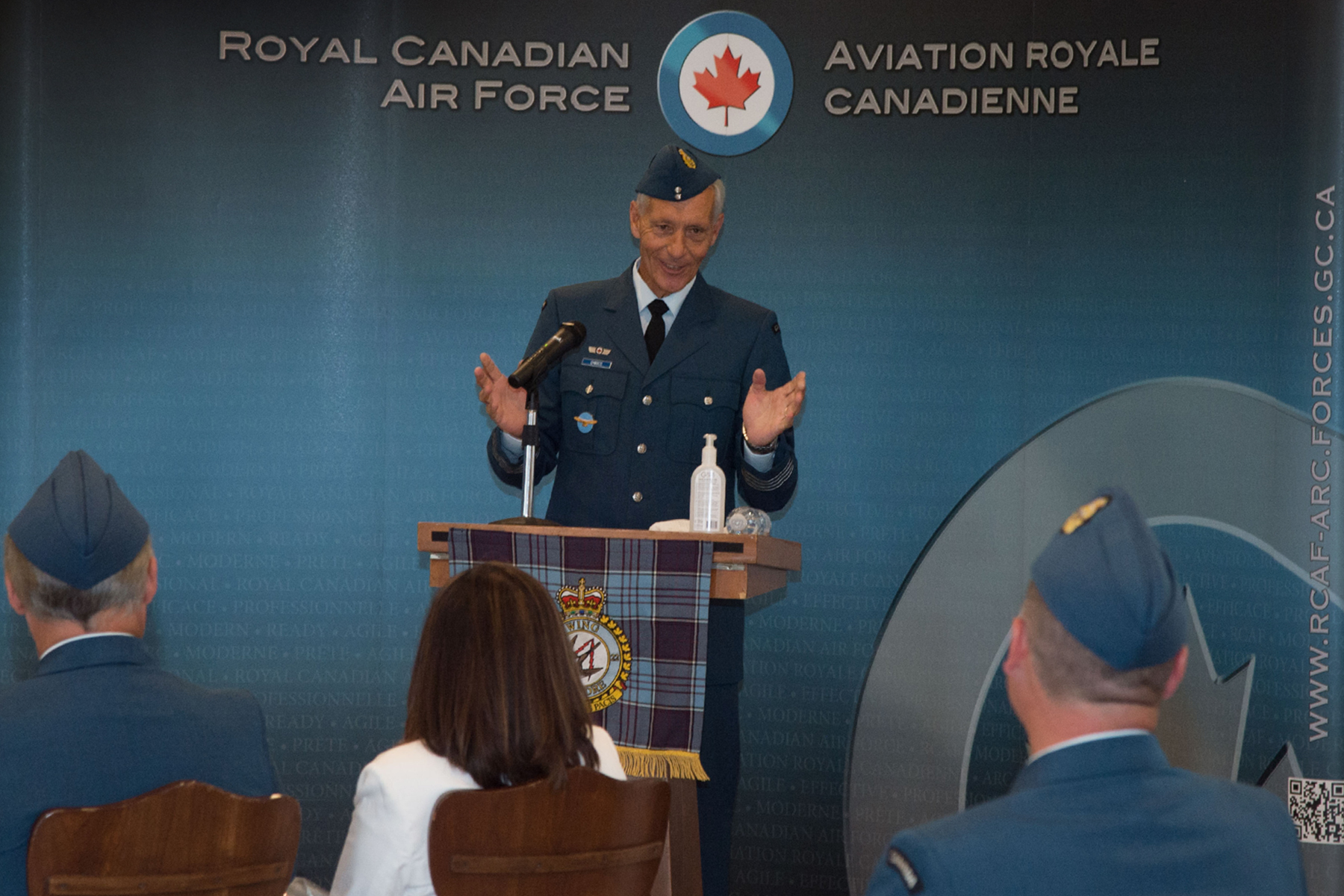 Peter Chirico addresses the audience on July 23, 2020, during his welcoming ceremony as 22 Wing North Bay’s new honorary colonel. Mr. Chirico is president and CEO of the North Bay & District Chamber of Commerce. He assumed the role in April 2017 and was a senior commercial banker for over 32 years. PHOTO: Corporal Rob Ouellette