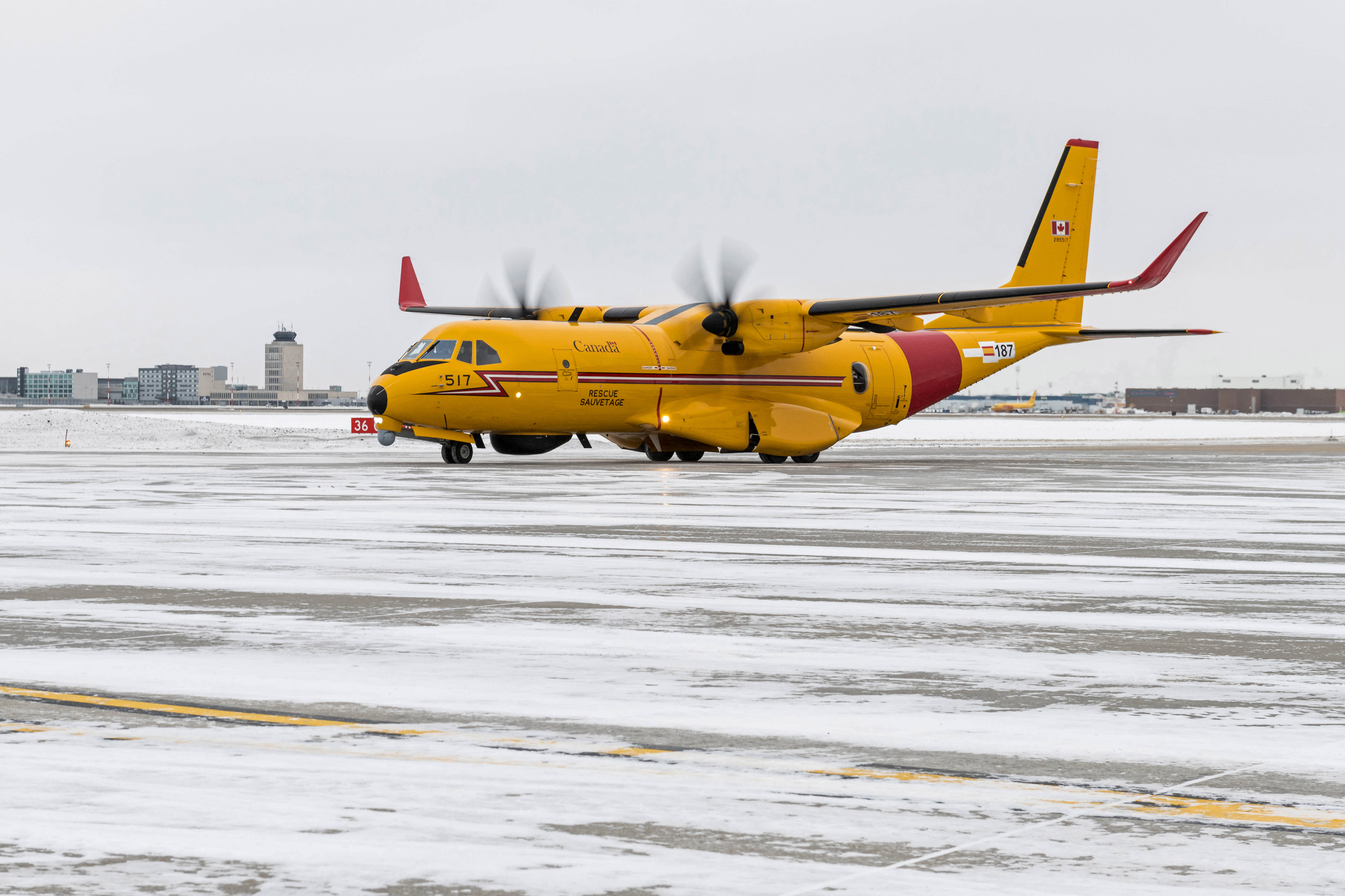 A training variant of the CC-295 Fixed Wing Search and Rescue aircraft arrives at 17 Wing Winnipeg, Manitoba during its cross-Canada itinerary on February 3, 2020. PHOTO: Sergeant Daren Kraus