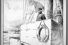 Dessin humoristique du Globe de Toronto de 1909. Le premier ministre Wilfrid Laurier à la barre de la future marine, naviguant entre les écueils des conflits entre nationalistes et impérialistes soulevés par la question.
