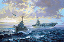John Horton, The Changing Fleet after World War 2 : le porte- avions Magnificent occupé à des opérations aériennes avec son escorte de destroyers de classe Tribal.