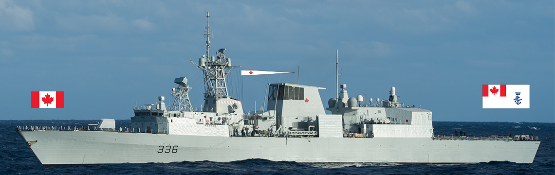 Trois principaux emplacements des drapeaux à bord des navires de guerre canadiens
