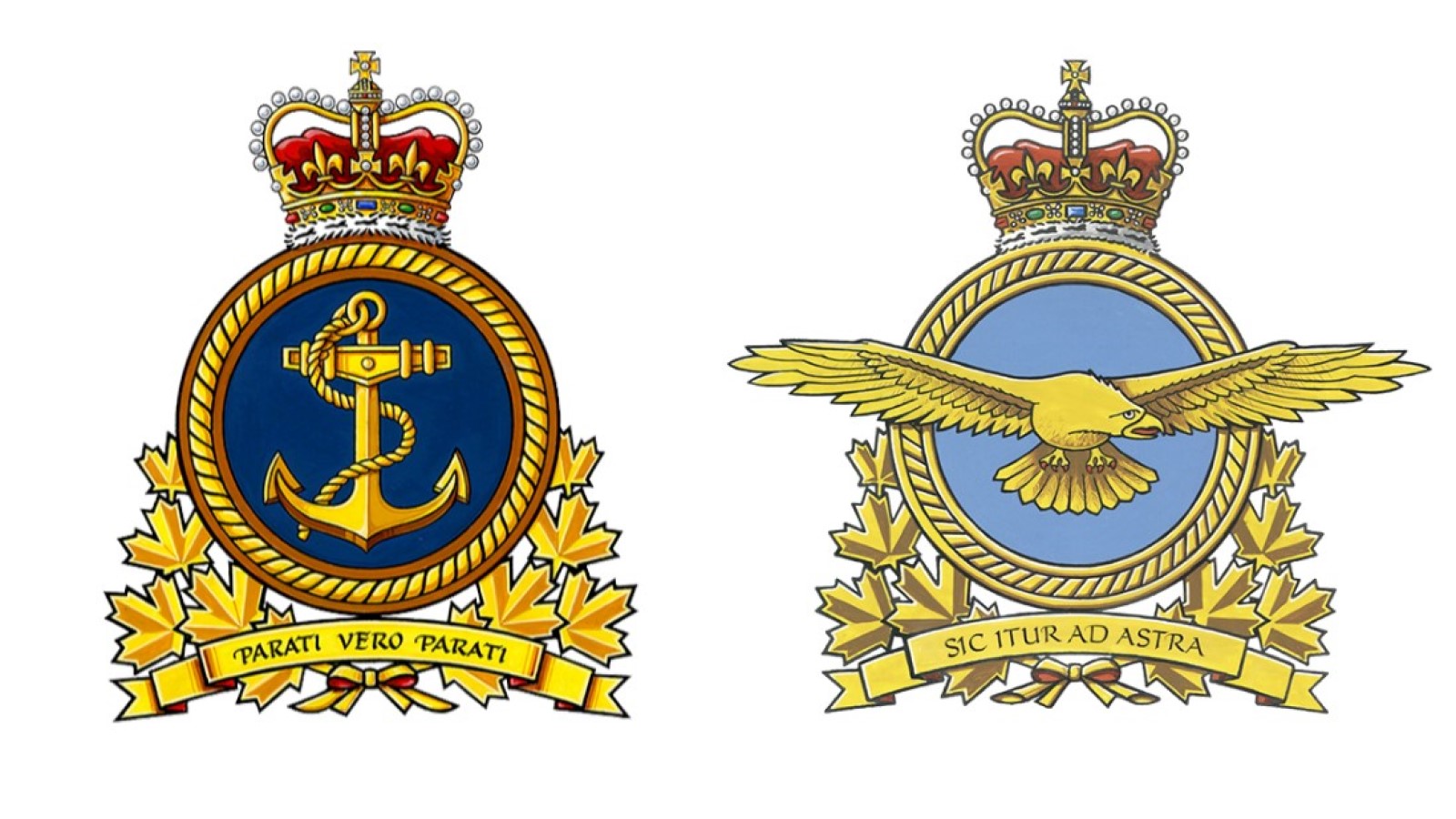 L’écusson du commandement de la Marine royale canadienne (à gauche) et de l’Aviation royale canadienne (à droite).