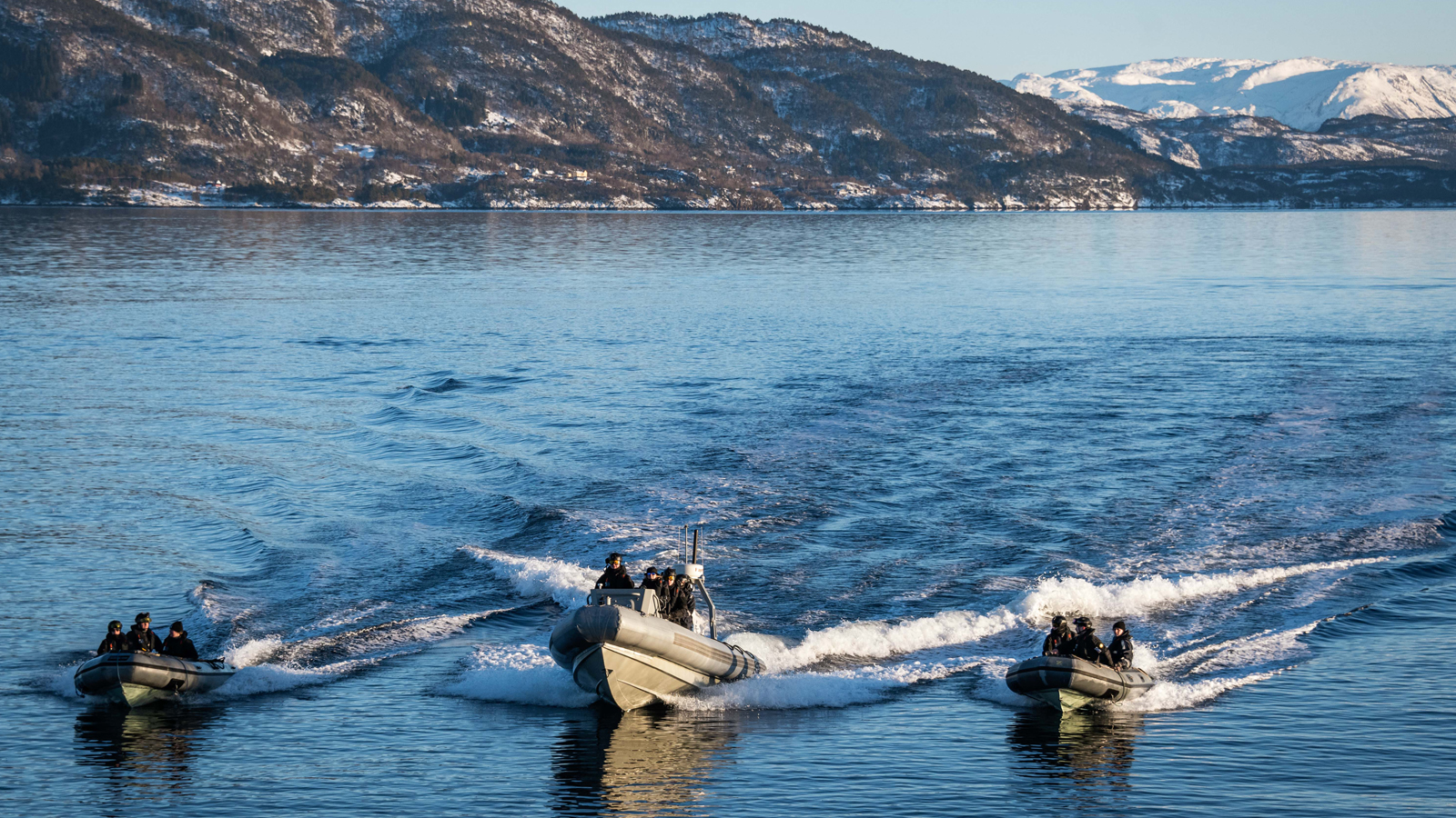 Members of HMCS Halifax’s deck department in the fjords of Norway