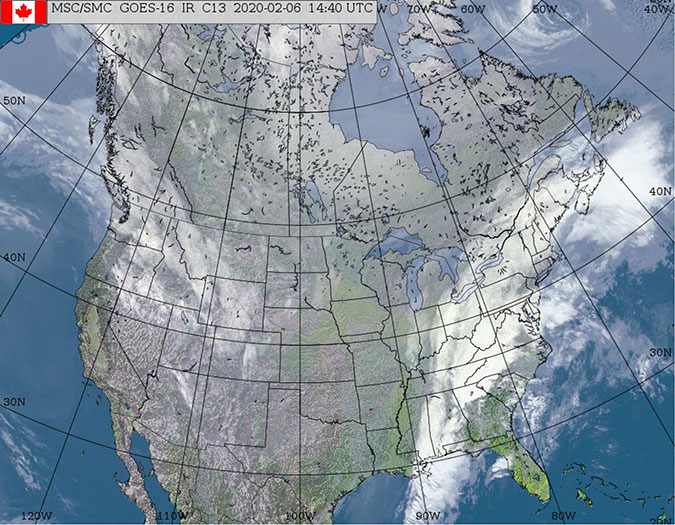 Infrared and topographic satellite image of North America