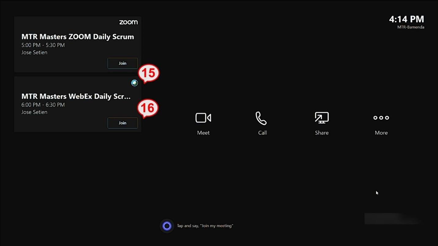 Screenshot of a Microsoft Teams touchscreen device with the logo of a scheduled WebEx meeting highlighted.