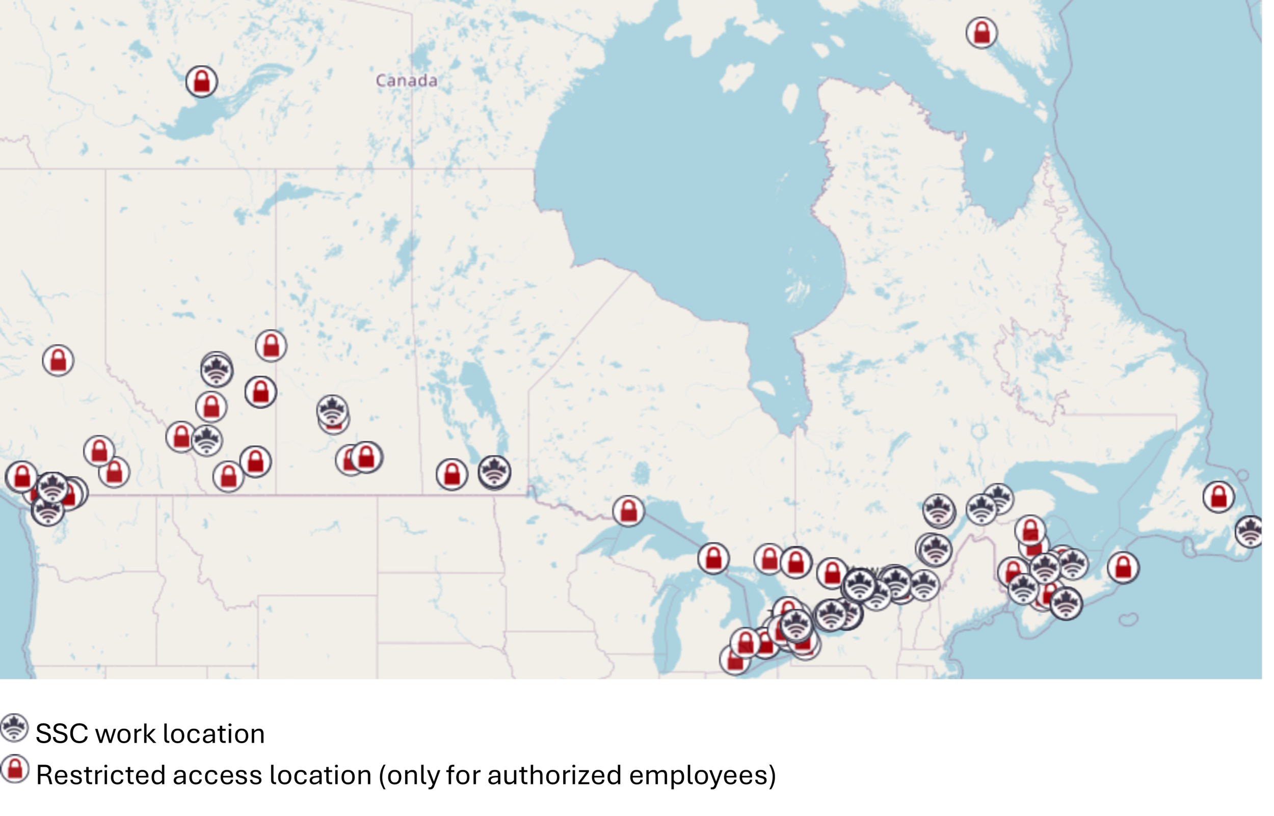 SSC work locations map. SSC has employees, offices and data centres across the country.