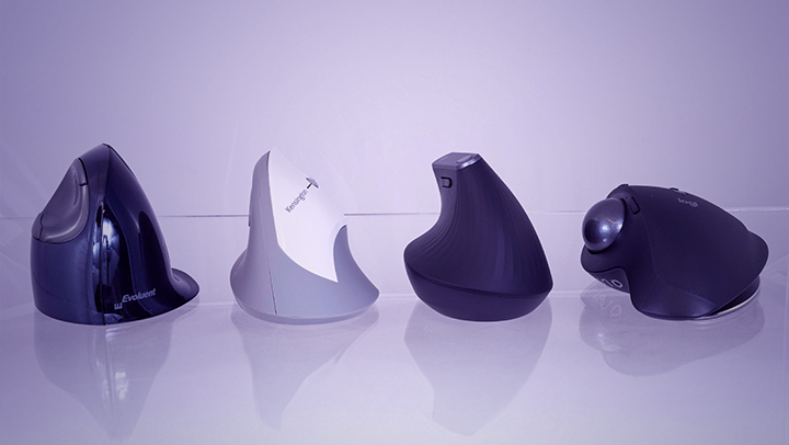 Picture of four different ergonomic mice for computers