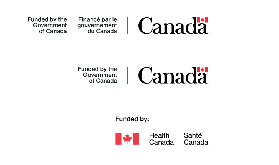 Three examples illustrating different approaches to acknowledging Government of Canada funding using official symbols and factual descriptive text. Text version below: