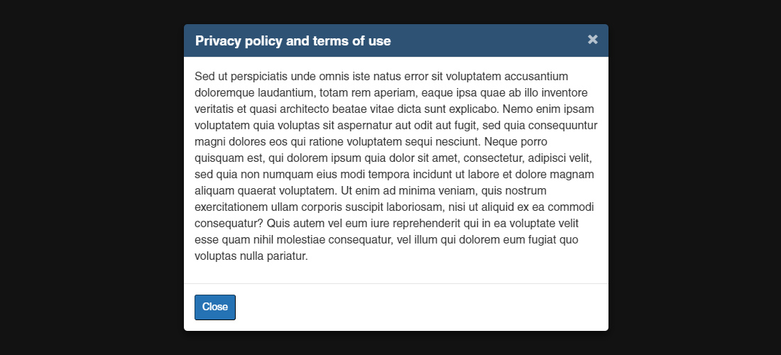 Screenshot illustrating the Web Experience Toolkit (WET) centered overlay pop-up, being used to display disclaimers and legal information on Canada.ca. Details on this graphic can be found in the surrounding text.