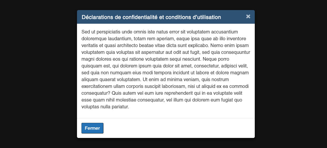 Capture d’écran illustrant le contenu superposé centré de la Boîte à outils de l’expérience Web (BOEW), utilisé pour afficher des avertissements et des renseignements juridiques sur le site Canada.ca. Plus de détails au sujet de ce graphique se retrouvent dans le texte entourant l’image.