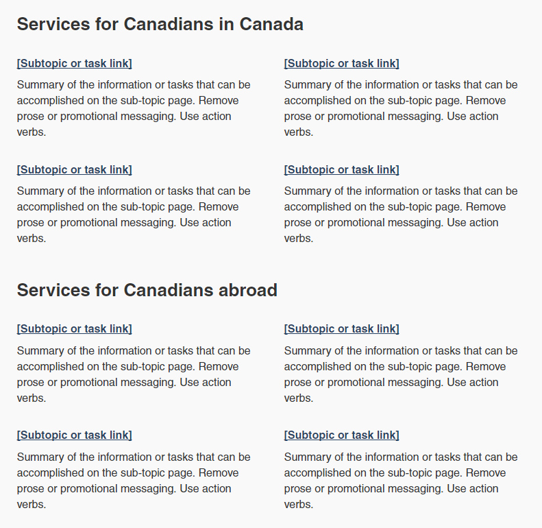 Screenshot showing a set of doormat links in 2 columns, grouped with headings on Canada.ca. Details on this graphic can be found in the surrounding text.