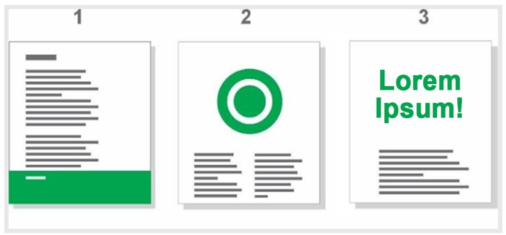 Trois exemples numérotés de mises en page avec différentes combinaisons de texte et de graphiques verts