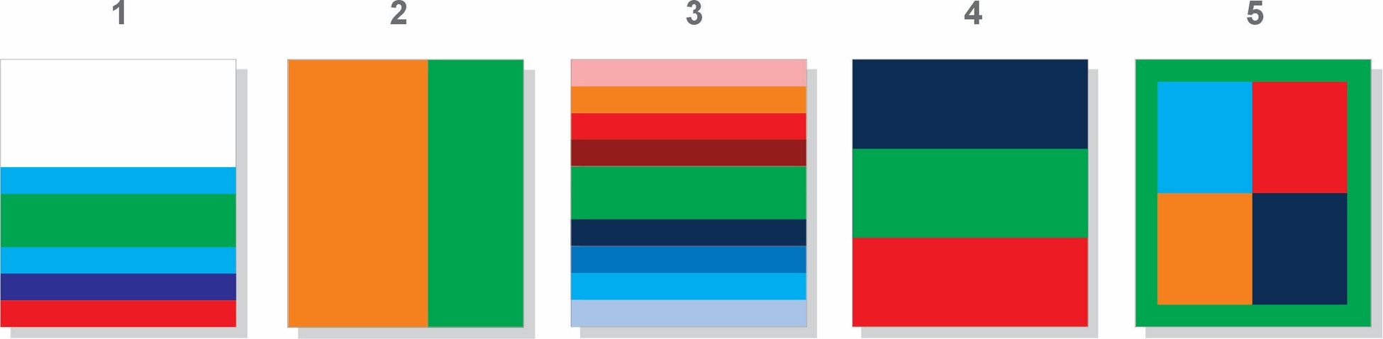 Cinq illustrations représentant chacune différentes mises en page en couleur avec différentes teintes