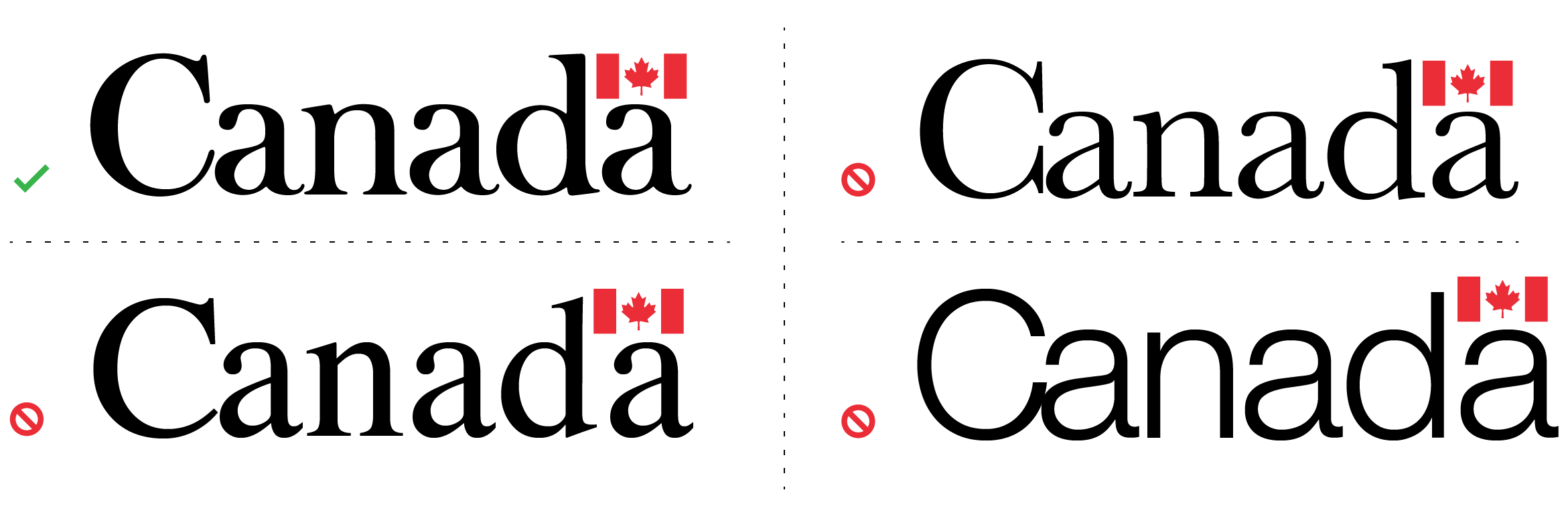 The correct Canada wordmark (top left) and 3 versions that are not in the correct typeface