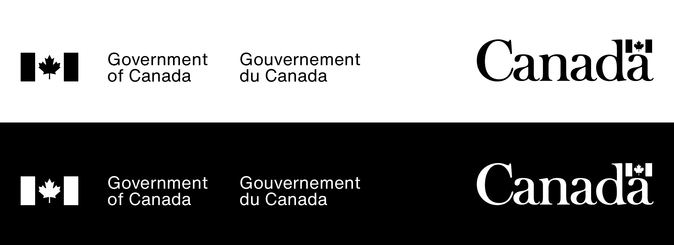 The Government of Canada signature (left) and the Canada wordmark (right) in black type with a black flag symbol on a white background and in white type with a white flag symbol on a black background