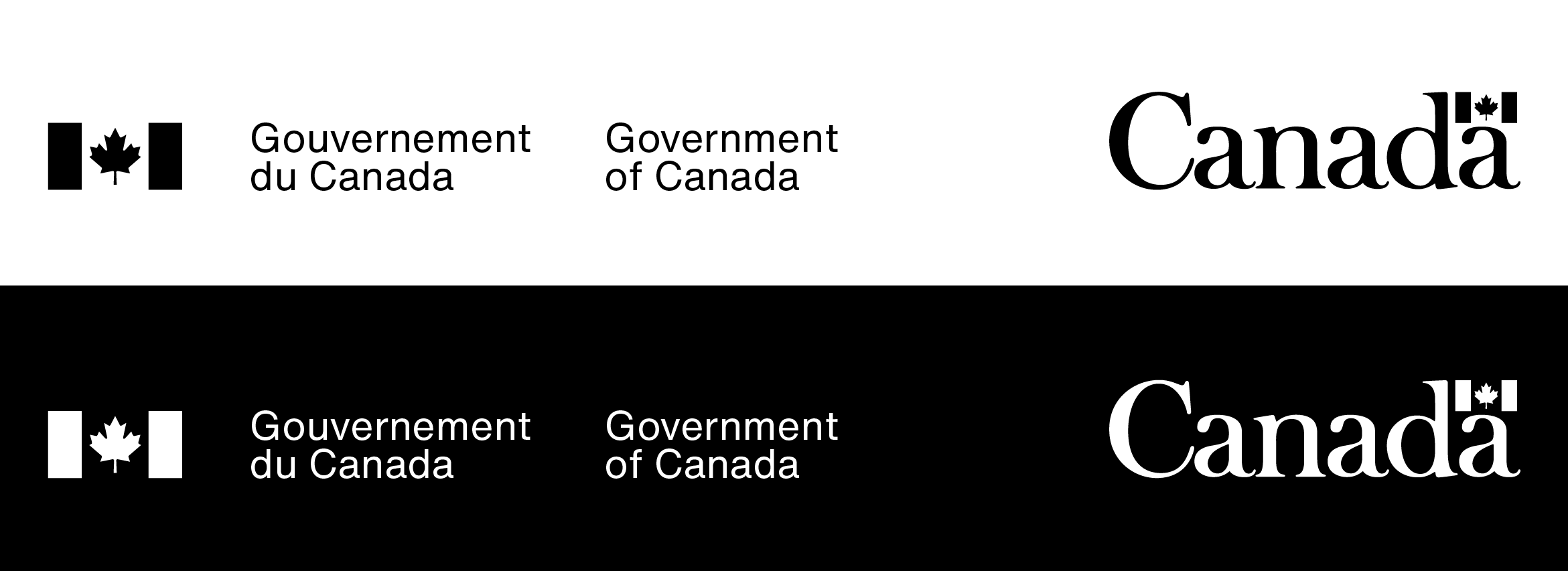 Signature du gouvernement du Canada (gauche) et mot-symbole « Canada » (droite), en lettres noires avec un symbole du drapeau noir sur fond blanc, et en lettres blanches avec un symbole du drapeau blanc sur fond noir.