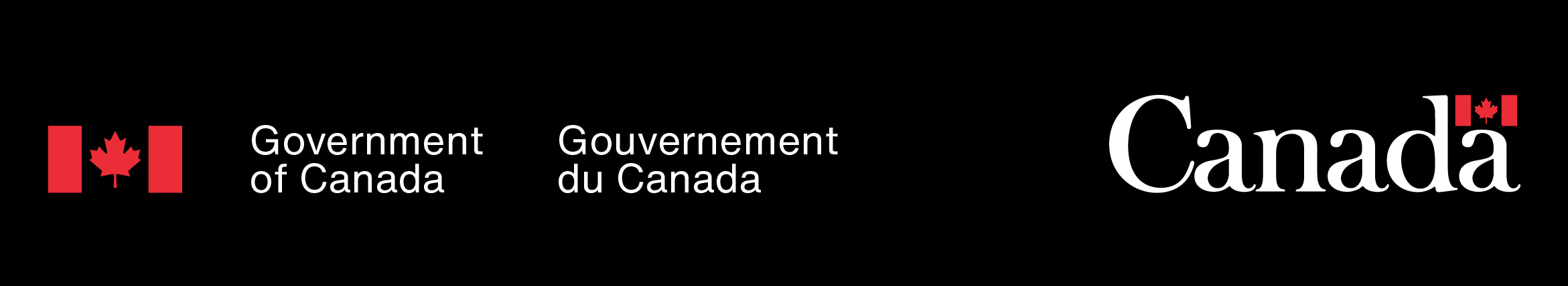 The Government of Canada signature (left) and the Canada wordmark (right) in white type with a FIP red flag symbol on a black background