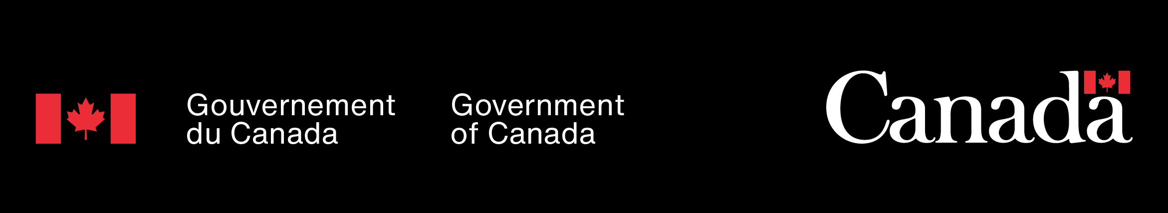 La signature du gouvernement du Canada (gauche) et le mot-symbole « Canada » (droite) en lettres blanches sur fond noir, avec le symbole du drapeau rouge du PFIM.