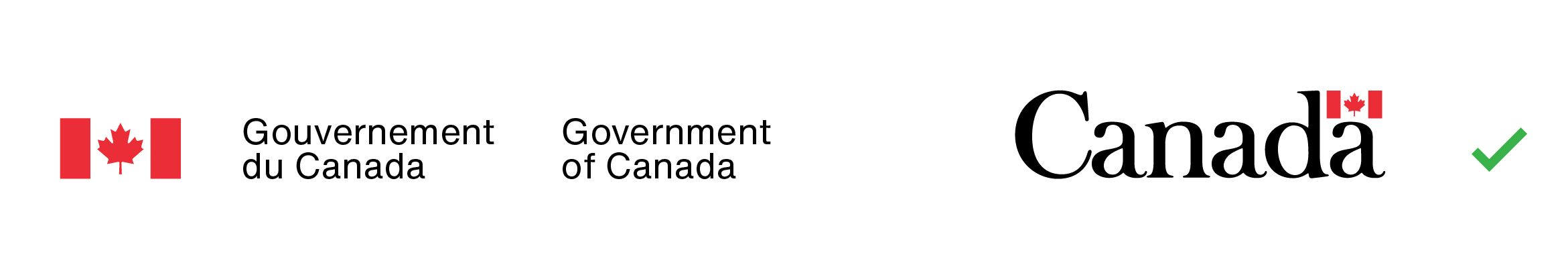 Exemple du bon jumelage de couleurs (les couleurs utilisées pour le symbole du drapeau et le texte dans la signature du gouvernement du Canada sont identiques à celles utilisées dans le mot symbole « Canada »).