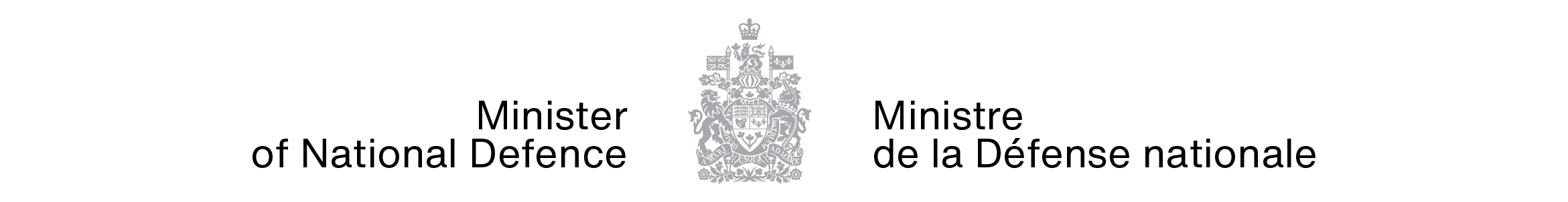 Ministerial signature for the Minister of National Defence in its standard colours (pewter grey arms of Canada, black type)