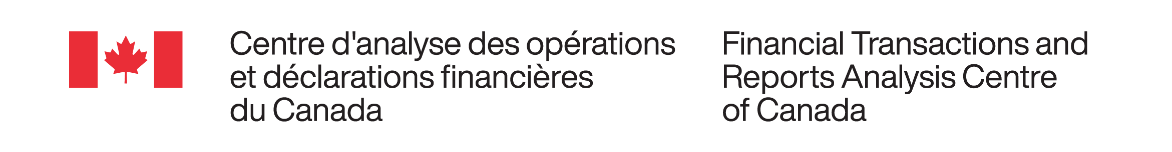 Signature organisationnelle du Centre d’analyse des opérations et déclarations financières du Canada (signature avec drapeau sur 3 lignes) dans ses couleurs standards (lettres noires, symbole du drapeau rouge du PFIM).