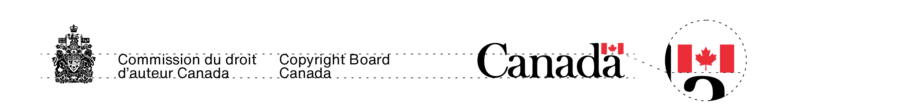 La signature avec armoiries de la Commission du droit d’auteur Canada et le mot-symbole « Canada » dans leurs couleurs standards. La proportion de leurs tailles est expliquée dans le texte ci-dessus.