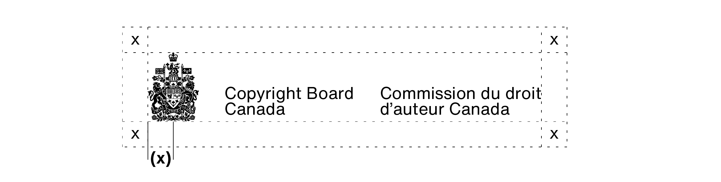 Arms signature for Copyright Board Canada (a 2 line arms signature). The clear space required around an arms signature is explained in the text above.