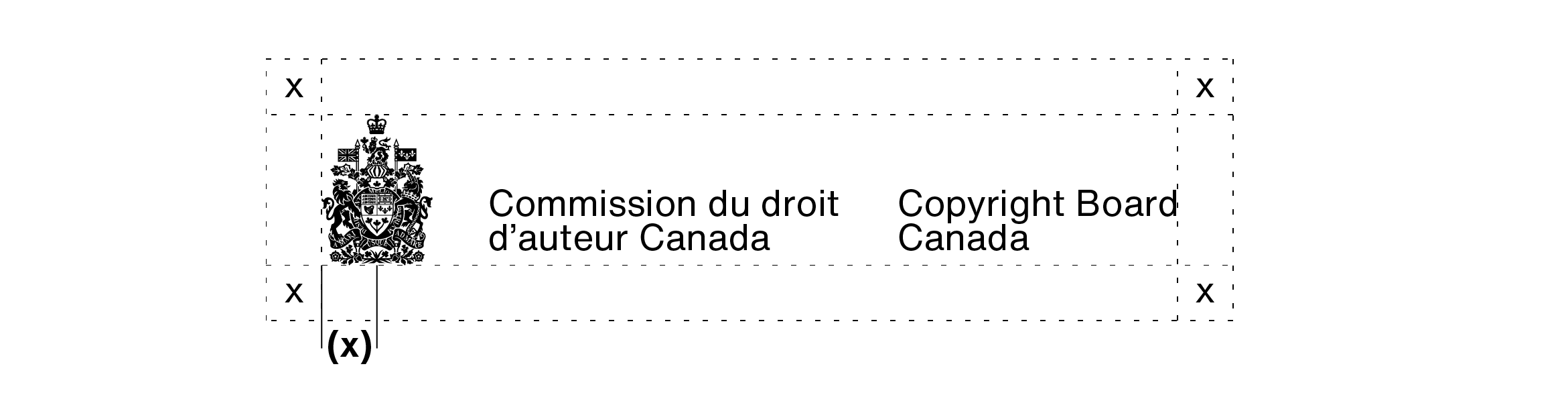 Signature avec armoiries de la Commission du droit d’auteur Canada (sur 2 lignes). L’espace libre à laisser autour d’une signature avec armoiries sur 2 lignes est expliqué dans le texte ci-dessus.