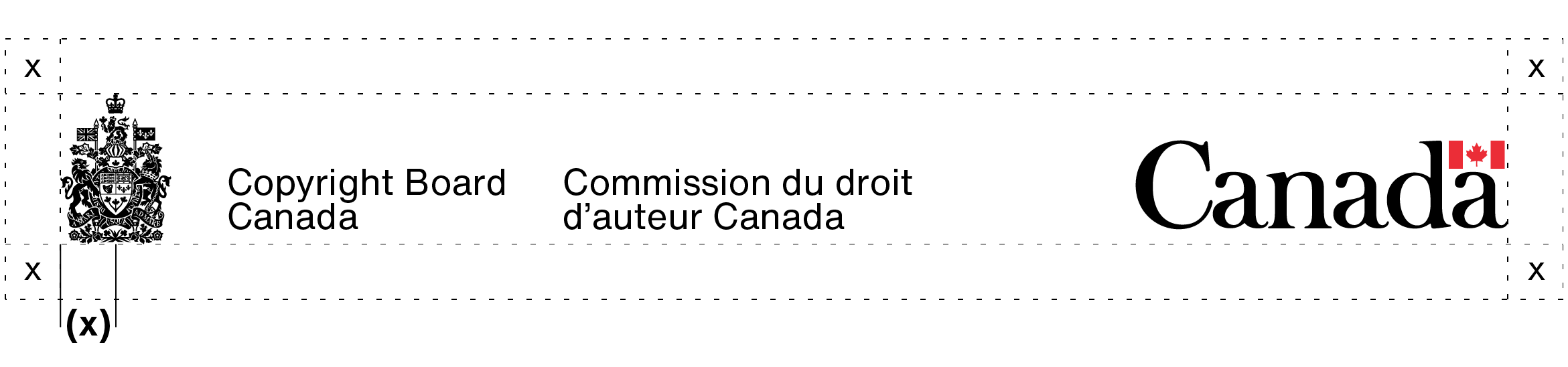 The clear space required around the Copyright Board Canada arms signature and the Canada wordmark. The clear space required is explained in the text above.