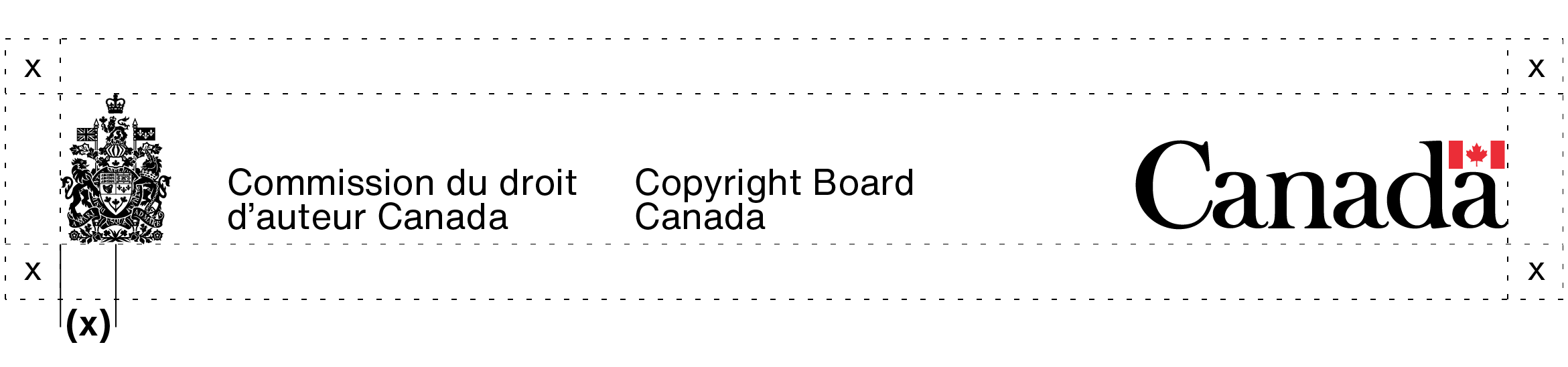 L’espace libre autour de la signature avec armoiries de la Commission du droit d’auteur Canada et du mot-symbole « Canada ». Cet espace libre à laisser est expliqué dans le texte ci-dessus.