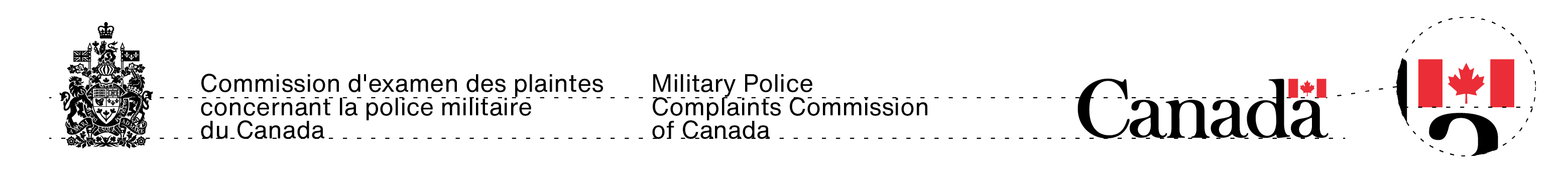 La signature avec armoiries de la Commission d’examen des plaintes concernant la police militaire du Canada et le mot-symbole « Canada » dans leurs couleurs standards. La proportion de leurs tailles est expliquée dans le texte ci-dessus.