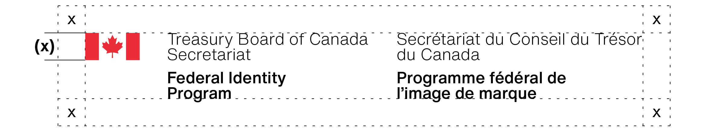 Flag signature for the Treasury Board of Canada Secretariat with the Federal Identity Program service title. The clear space required around a flag signature is explained in the text above.