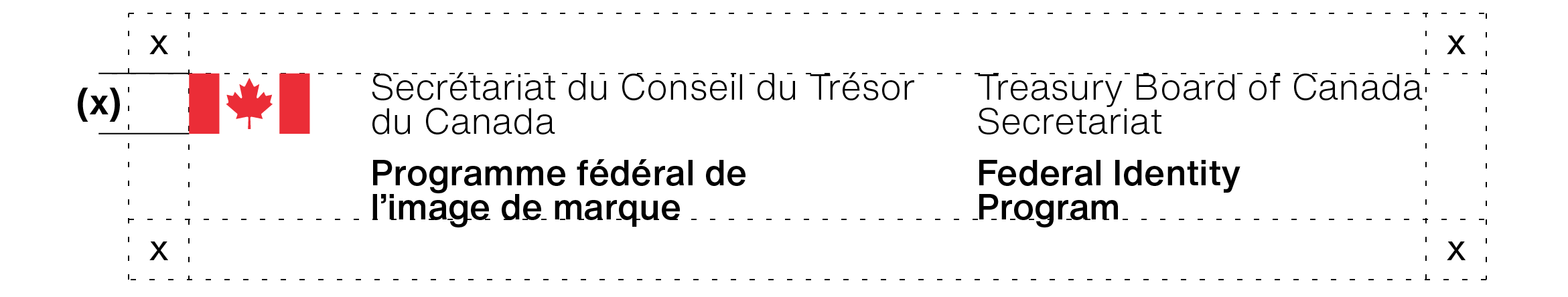 Signature composée avec drapeau du Secrétariat du Conseil du Trésor du Canada et du titre de services du Programme fédéral de l’image de marque. L’espace libre à laisser autour d’une signature composée avec drapeau est expliqué dans le texte ci-dessus.