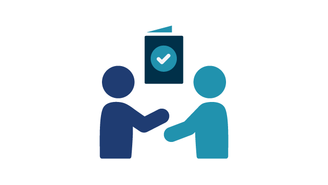 graphic icons representing figures talking in front of a passport 