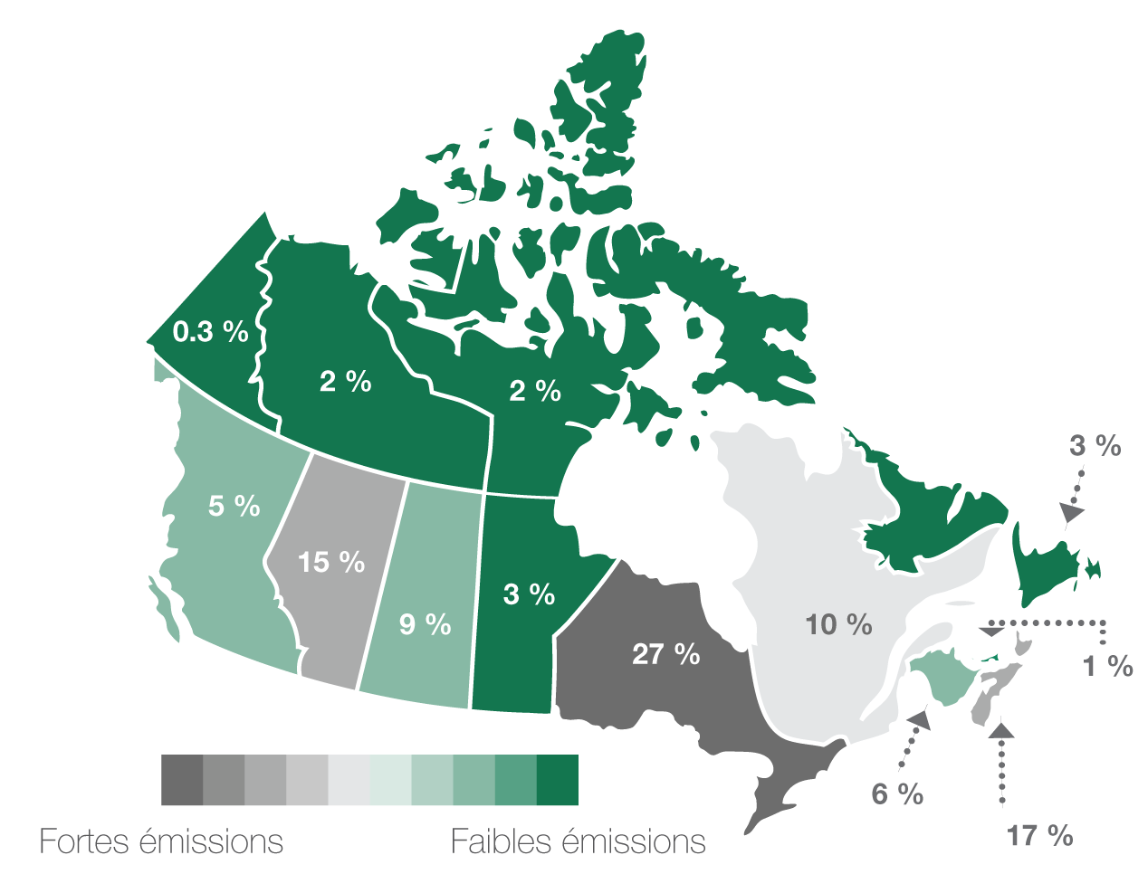 Carte du Canada illustrant les sources d’émissions de gaz à effet de serre pour chaque province. Version textuelle suit :