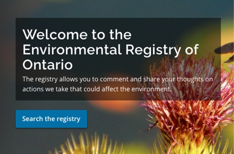 Une capture d’écran du nouveau site Web du Registre environnemental de l’Ontario. Traduction ci-dessous :