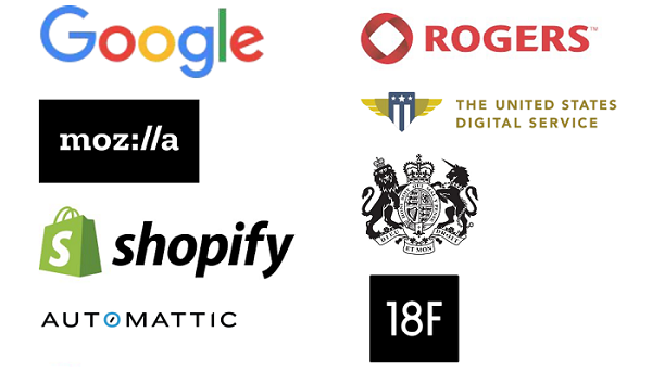 Logo de Google, Mozilla, Shopify, Automattic, Rogers, Service numérique des États-Unis, gouvernement du Royaume-Uni et de 18F
