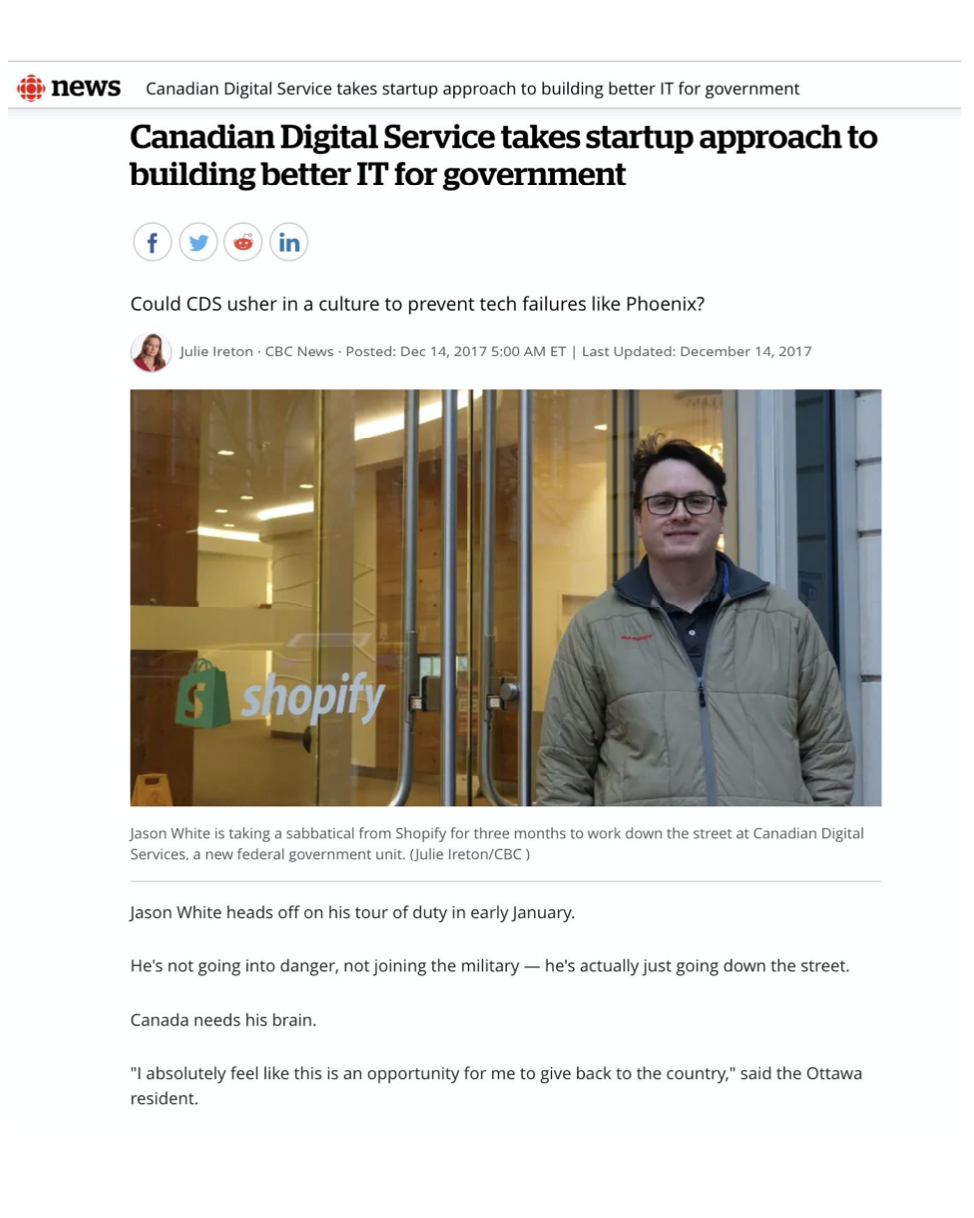 Un article en anglais de CBC News intitulé Le Service numérique canadien adopte une approche de start-up pour élaborer de meilleures TI au gouvernement. Traduction ci-dessous :