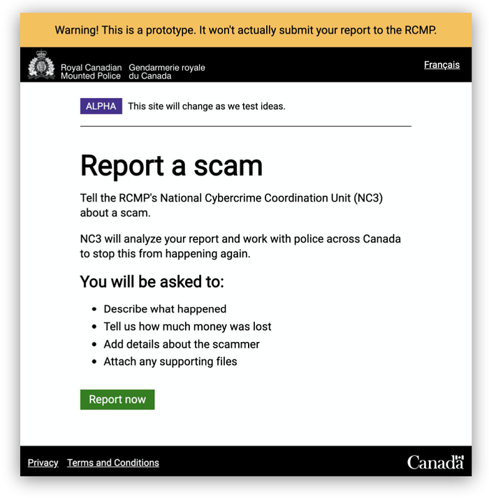 Screenshot of the RCMP Report a Cybercrime prototype, with “Report a scam” as the title