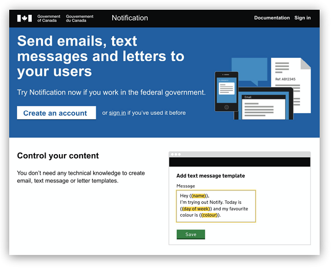 A screenshot of the CDS Notify platform that says Send emails, text messages and letters to your users