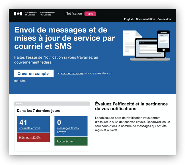 Une capture d’écran de la plateforme Notification du SNC dont la page affiche le titre « Envoi de messages et de mises à jour de service par courriel et SMS ».