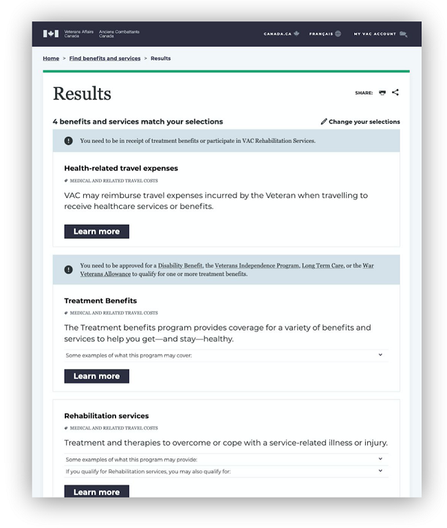 Screenshot of live Veterans benefits tool Results page