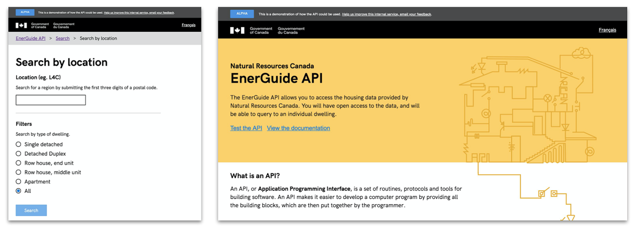 Une capture d’écran de la page d’accueil (en anglais) du prototype de l’API ÉnerGuide et d’une page (en anglais) dont le titre est « Recherche par endroit ».